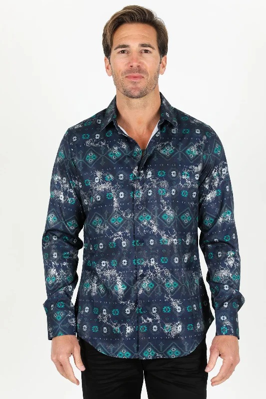 All-Season Wear Mens Modern Fit Stretch Foiled Shirt - Navy