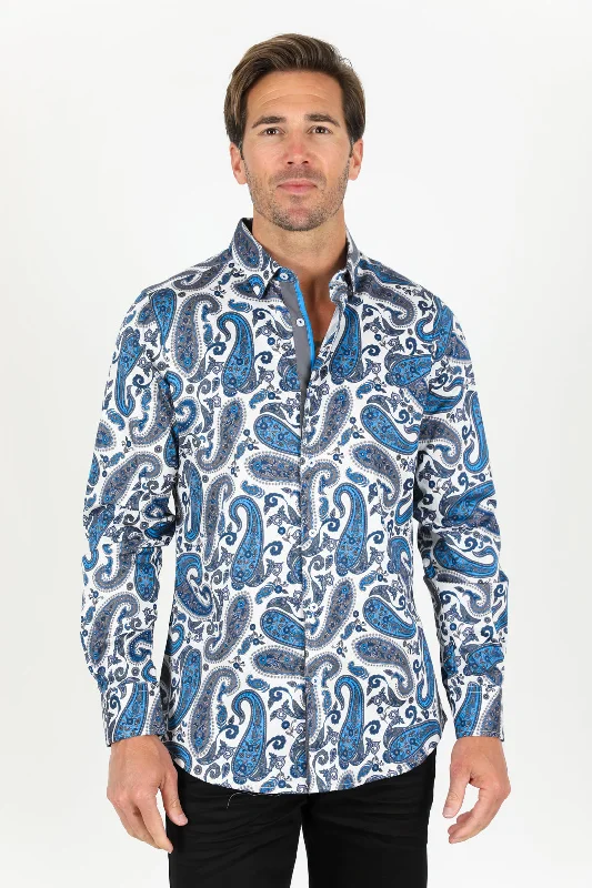 Formal Wear Satin Cotton/Spandex Long Sleeve Shirt - Blue
