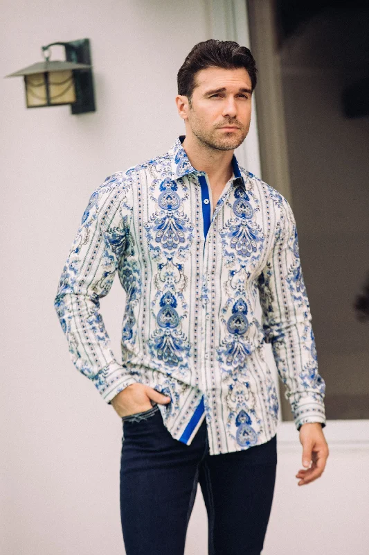 Fashion Jacket Satin Cotton/Spandex Long Sleeve Shirt - White