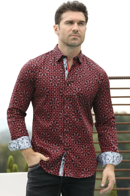 Formal Shirts Small Print Satin Cotton/Spandex Long Sleeve Shirt