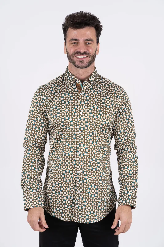 Daily Looks Small Print Satin Cotton/Spandex Long Sleeve Shirt