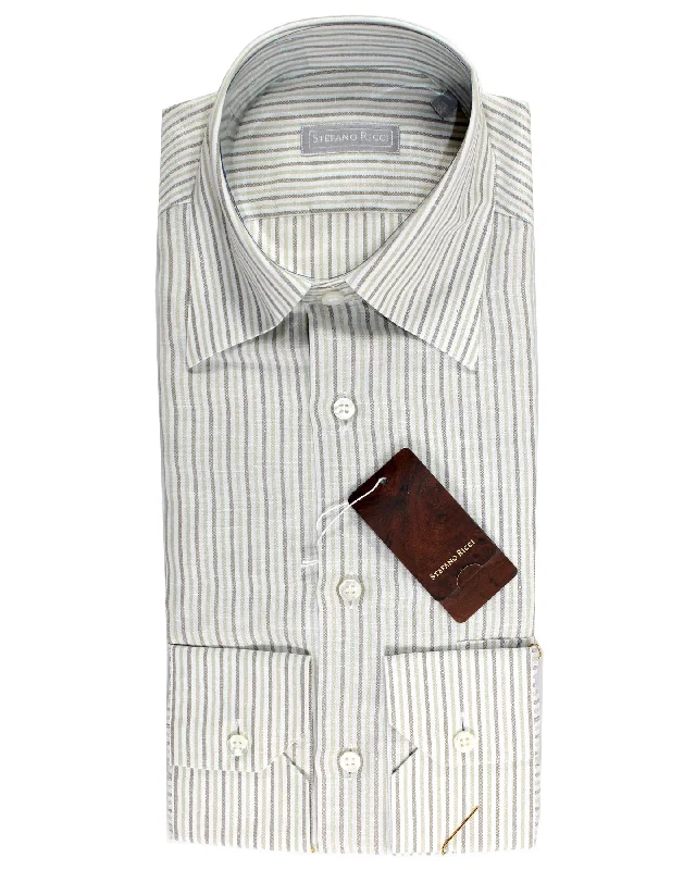 Smart Wear Stefano Ricci Shirt Slim Fit White Taupe Stripes Linen Cotton 38 - 15 SALE