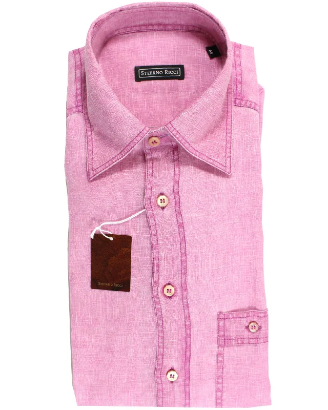 Versatile Wear Stefano Ricci Short Sleeve Shirt Linen Pink Solid 40 -15 3/4