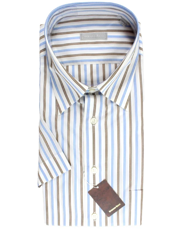 Sporty Jackets Stefano Ricci Short Sleeve Shirt White Blue Brown Stripes Pattern XXL / 43 -17 SALE Sporty Jackets Stefano Ricci Short Sleeve Shirt White Blue Brown Stripes Pattern XXL / 43 -17 SALE
