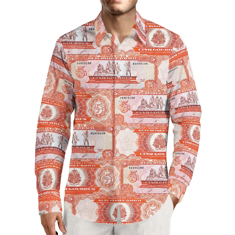Casual Shirts TMMG LUXURY HAITI VINTAGE 1989 HAITIAN MONEY CINQ GOURDES DRESS SHIRT