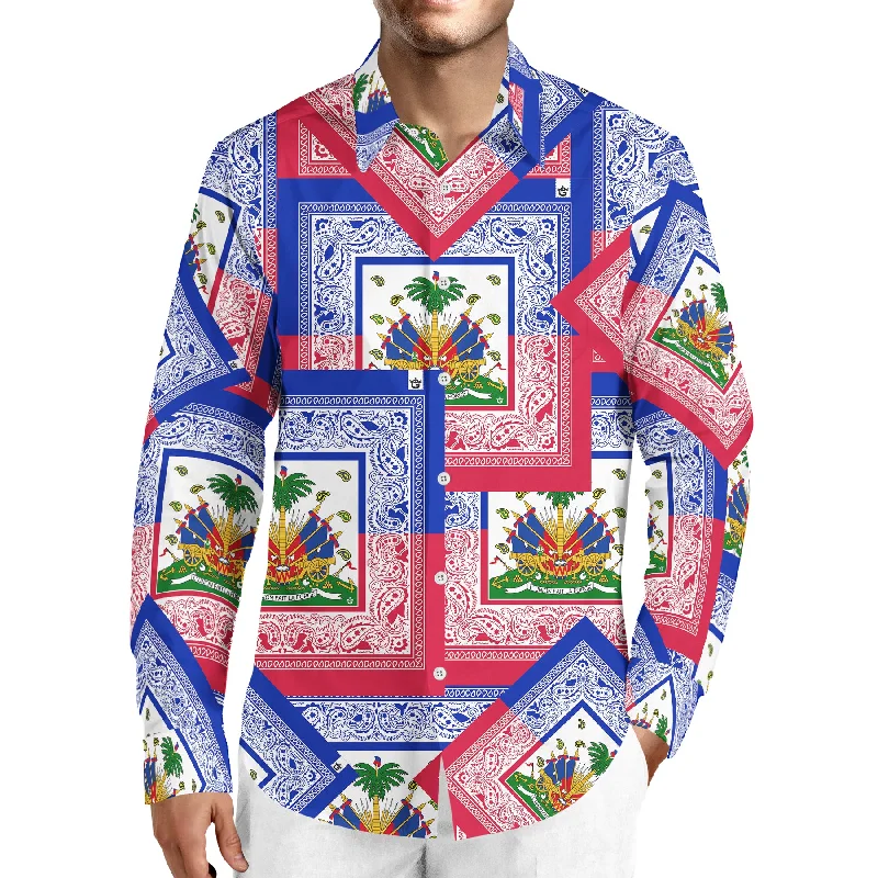 Trendy Apparel TMMG LUXURY AUTHENTIC HAITI FLAG BANDANA ALL OVER DRESS SHIRT