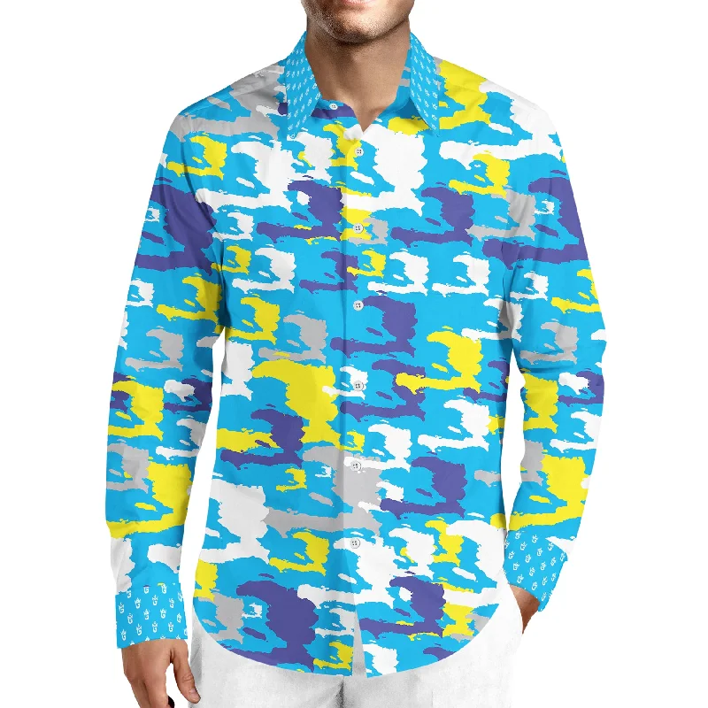 Chic Styles TMMG LUXURY SKY BLUE HAITI CAMO MAP FASHION DRESS SHIRT