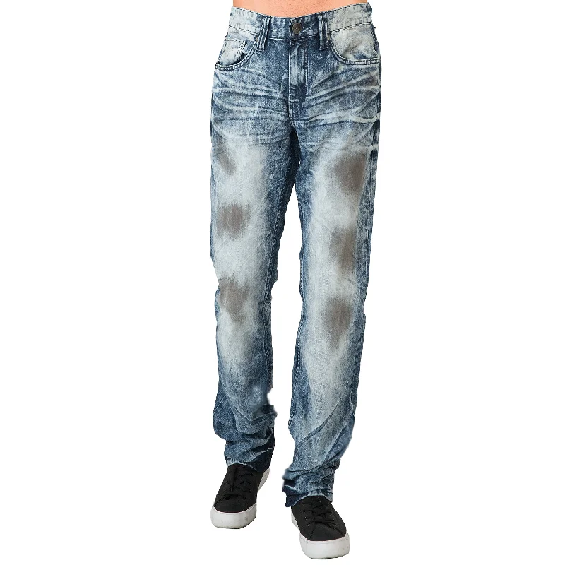Fashion Jeans Mens Acid Washed Light Blue Oil Stain Premium Denim Jeans