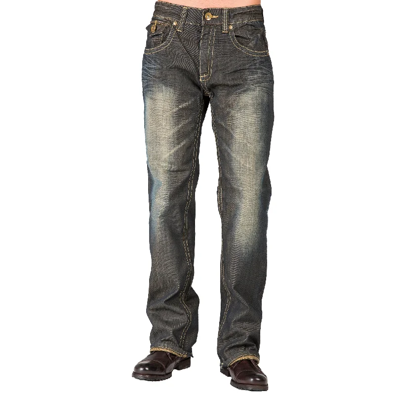 Fashion Bottoms Relaxed Bootcut Dark Tinted Premium Denim Jeans Zipper Trim & Utility Back Pocket