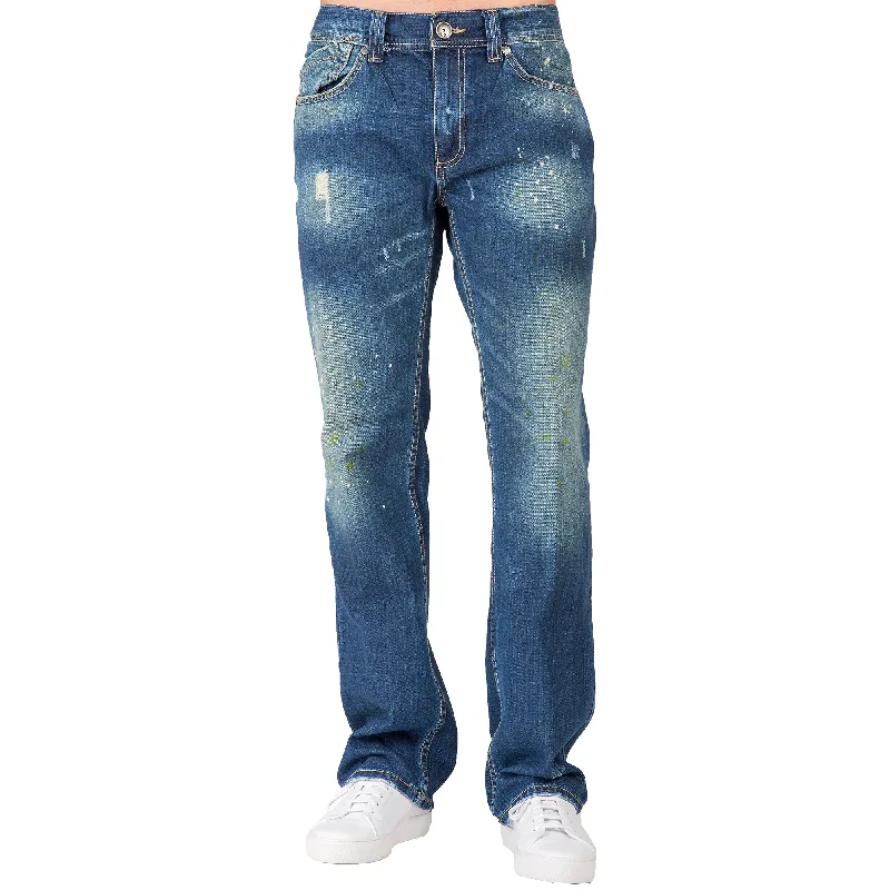 Casual Trousers Men's Relaxed Straight Blue Distressed Premium Denim Signature Stone Wash Jeans