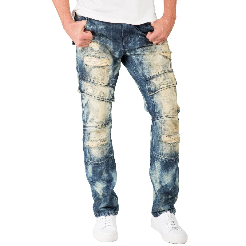 Practical Clothing Slim Straight Premium Denim Tainted Front Cargo Pocket Jeans Ripped Mended