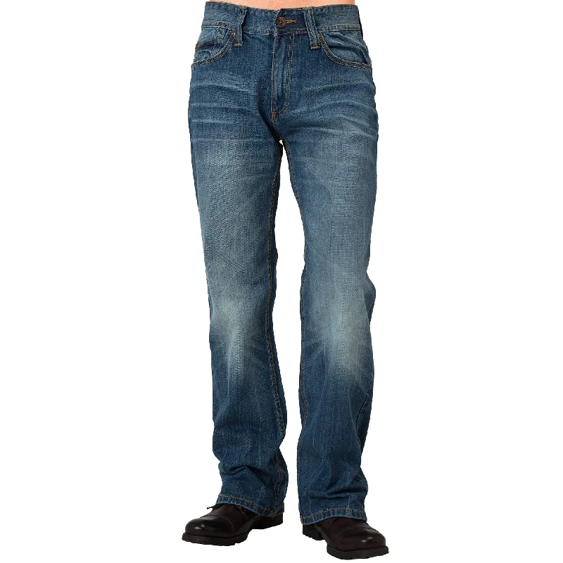 Weekend Styles Midrise Relaxed Bootcut Medium Blue Premium Denim 5 pocket Jeans with Vintage Wash Whiskering
