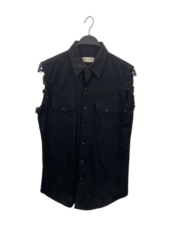 Casual Wear YVES SAINT LAURENT/Flannel Shirt/S/Cotton/BLK/sleeveless distressed buttonup