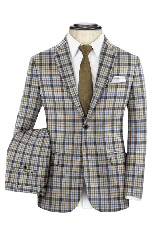 Comfort Jackets Beige Plaid 2-Button Wool 3-Piece Suit