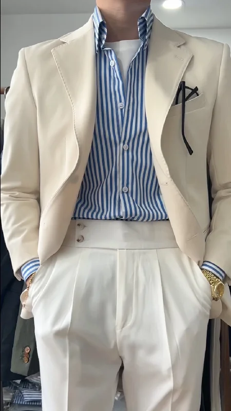 Comfy Pants Beige White 2 Piece Notch Lapel 2-Button Suit