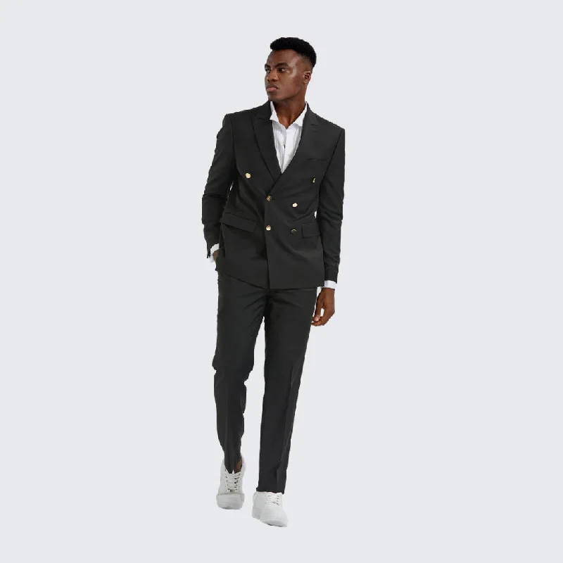 Relaxed Looks Black Double Breasted Suit Two Piece Set with Gold Buttons - Wedding - Prom Relaxed Looks Black Double Breasted Suit Two Piece Set with Gold Buttons - Wedding - Prom
