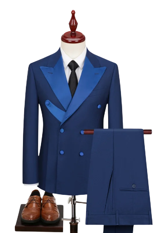 Summer Wear Blue 2-Piece Double Breasted Peaked Lapel Suit