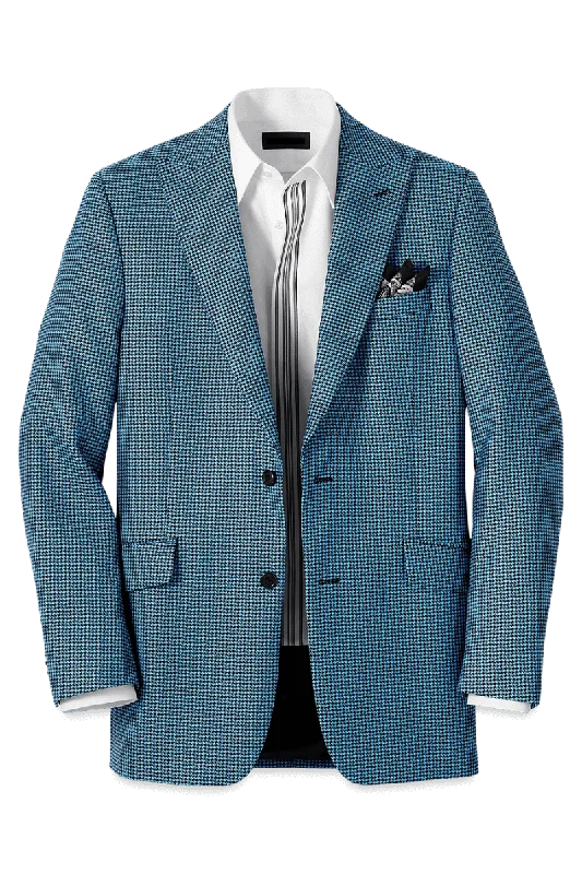Versatile Wear Blue & Black Houndstooth Wool Single Breasted Peak Lapel Jacket