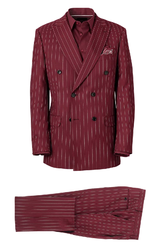 Relaxed Fit Clothing Burgundy Wool Stretch Stripe Double Breasted Suit