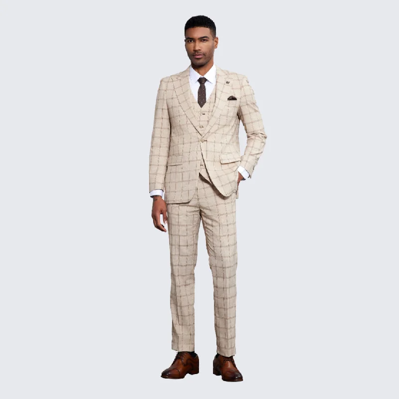 All-Season Wear Men's Beige Windowpane Suit Three Piece Set- Wedding - Prom