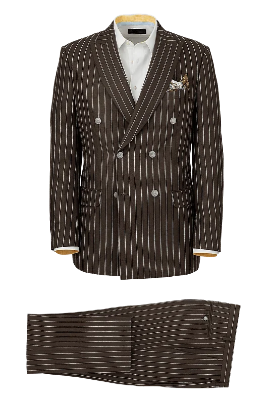 Weekend Styles Dark Brown Linen Pinstripe Double Breasted Peak Lapel Suit