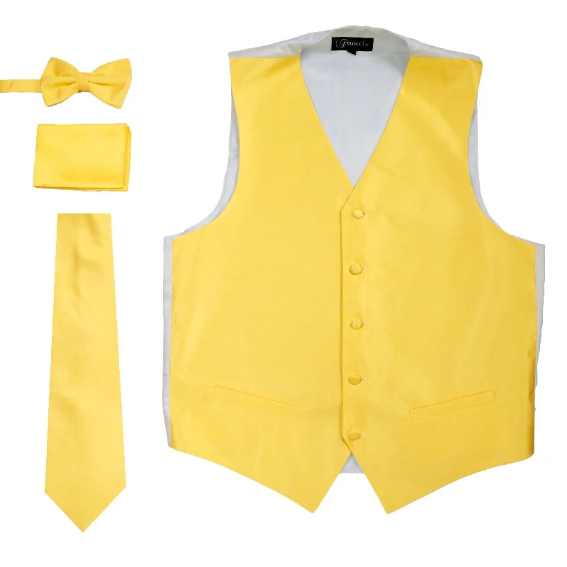 Sporty Designs Ferrecci Mens Solid Yellow-Grey Wedding Prom Grad Choir Band 4pc Vest Set