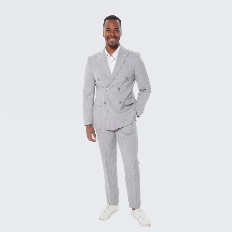 Everyday Apparel Gray Pinstripe Suit Double Breasted Wide Peak Lapel - Wedding - Prom