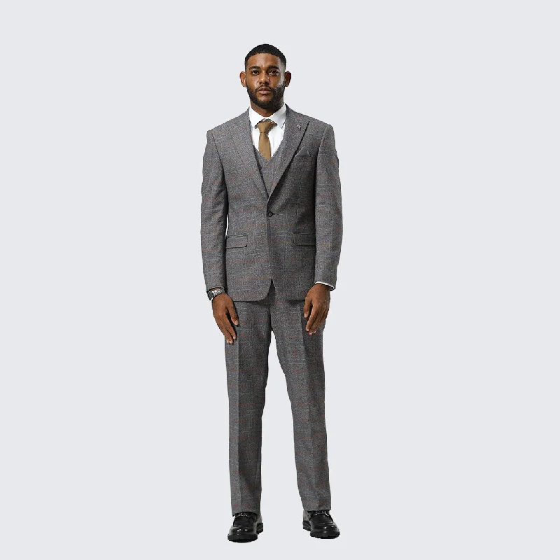 Travel Wear Grey Plaid Three Piece Suit By Stacy Adams - Wedding - Prom