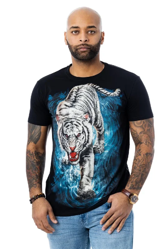 Layered Styles Heads or Tails Men's Tiger On Water Rhinestone Studded Graphic Printed T-Shirt Layered Styles Heads or Tails Men's Tiger On Water Rhinestone Studded Graphic Printed T-Shirt