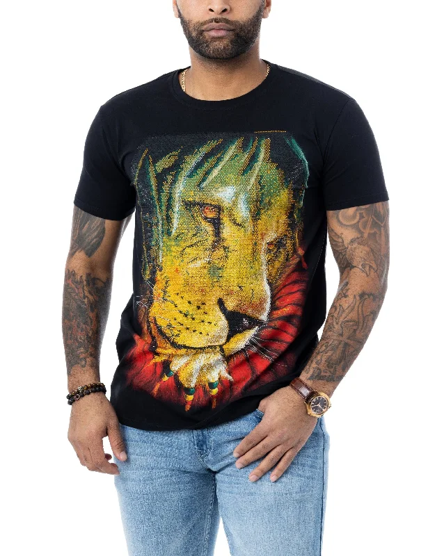 Premium Clothing Heads or Tails Men's Marley Lion Rhinestone Studded Graphic Printed T-Shirt Premium Clothing Heads or Tails Men's Marley Lion Rhinestone Studded Graphic Printed T-Shirt