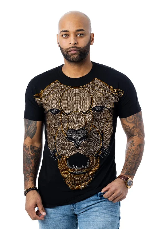 Cool Pieces Heads or Tails Men's Cougar Face Saber Tooth Tiger Rhinestone Studded Graphic Printed Short Sleeve T-Shirt Cool Pieces Heads or Tails Men's Cougar Face Saber Tooth Tiger Rhinestone Studded Graphic Printed Short Sleeve T-Shirt