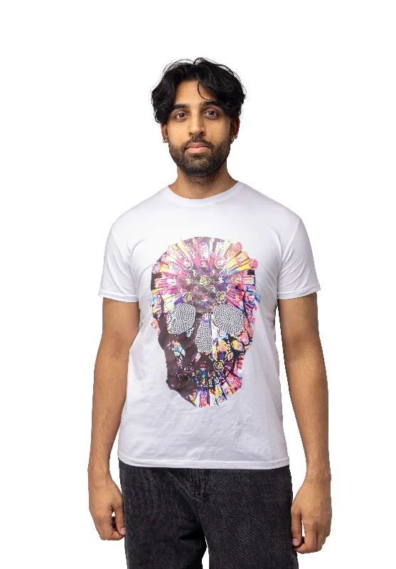 Athletic Gear Heads or Tails Men's Slim Fit Crewneck Rhinestone Studded Graphic Printed T-Shirt Stone Tee Multi Colored Skull With Silver Athletic Gear Heads or Tails Men's Slim Fit Crewneck Rhinestone Studded Graphic Printed T-Shirt Stone Tee Multi Colored Skull With Silver