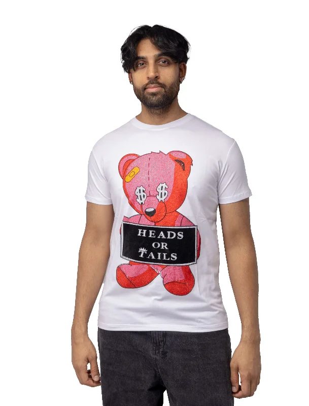 Smart Wear Heads or Tails Men's Slim Fit Crewneck Rhinestone Studded Graphic Printed T-Shirt Stone Tee Red Teddy Cash Bear Smart Wear Heads or Tails Men's Slim Fit Crewneck Rhinestone Studded Graphic Printed T-Shirt Stone Tee Red Teddy Cash Bear