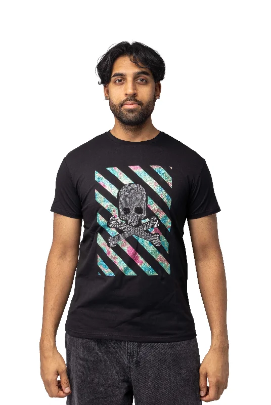 Athletic Tops Heads or Tails Men's Slim Fit Crewneck Rhinestone Studded Graphic Printed T-Shirt Stone Tee Silver Skull With Multi Stripes Athletic Tops Heads or Tails Men's Slim Fit Crewneck Rhinestone Studded Graphic Printed T-Shirt Stone Tee Silver Skull With Multi Stripes