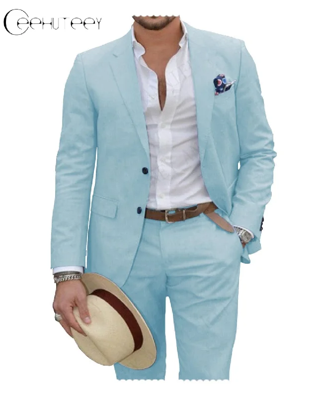 Minimalist Pieces Linen Suit for Men Casual Wedding Suit for Men (Blazer+Pants)