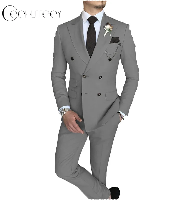 Smart Tops Mens 2 Piece Suit Slim Fit Double Breasted Peak Lapel Mens Coat (Blazer+Pants) Smart Tops Mens 2 Piece Suit Slim Fit Double Breasted Peak Lapel Mens Coat (Blazer+Pants)