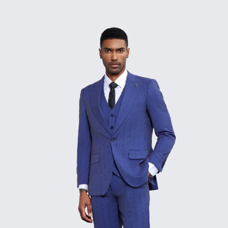 Relaxed Styles Men's Blue Windowpane Suit Three Piece Set- Wedding - Prom