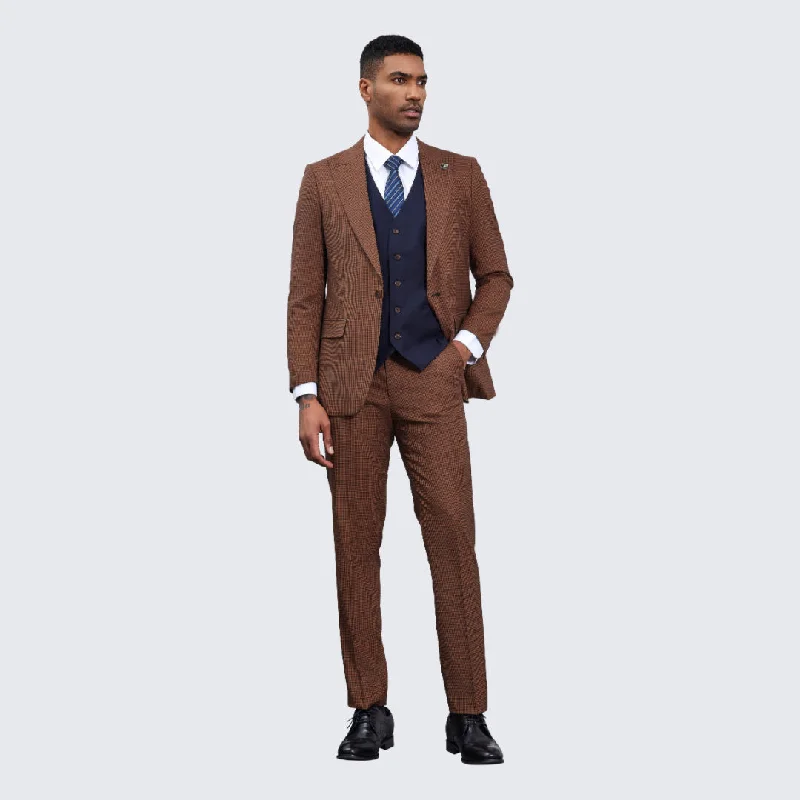 Fresh Outfit Men's Brown and Navy Glen Plaid Suit Three Piece Set - Wedding - Prom