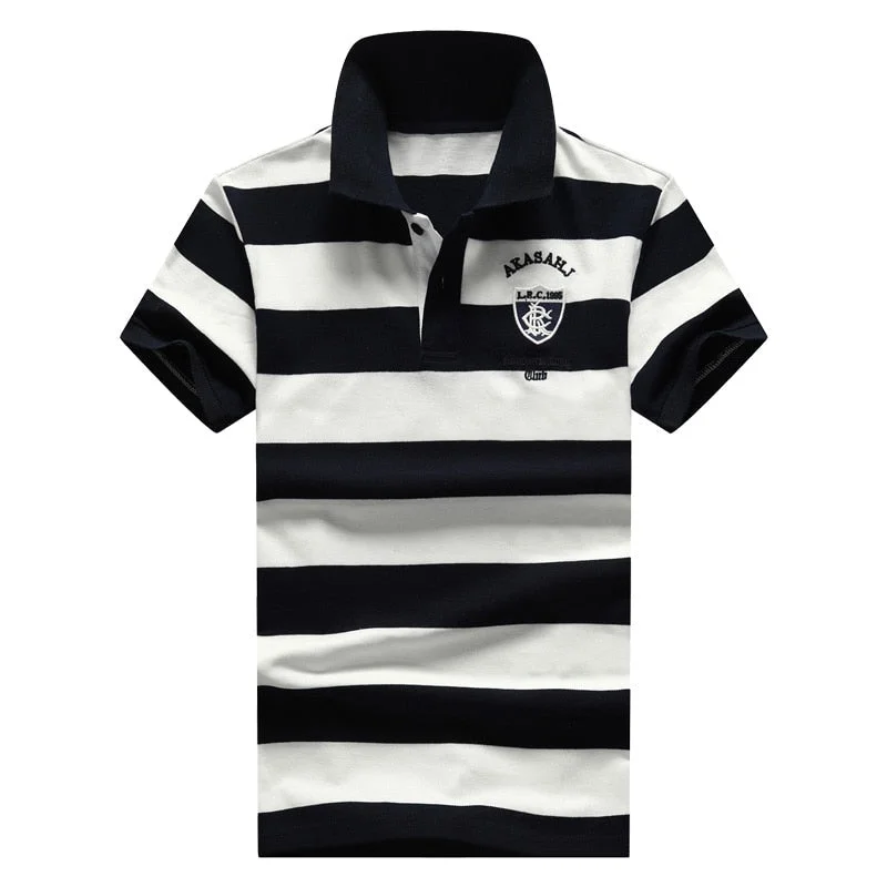 Sporty Wear Men'S Classic Striped Polo Blakc White Shirt Cotton Short Sleeve Summer Oversize Stretch Breathable