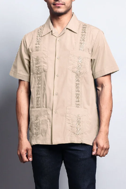 Simple Styles Men's Short Sleeve Cuban Style Guayabera Shirt (Beige)