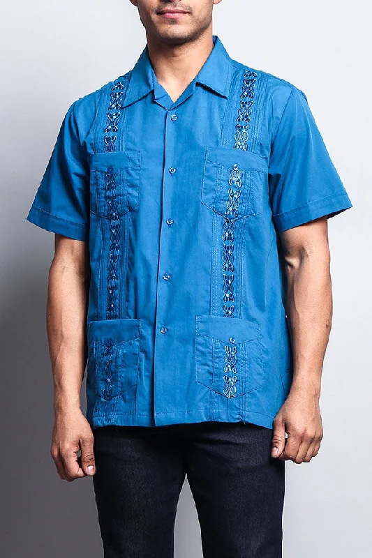 Comfy Pants Men's Short Sleeve Cuban Style Guayabera Shirt (Blue)