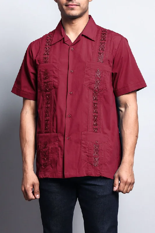 Sleek Designs Men's Short Sleeve Cuban Style Guayabera Shirt (Burgundy)