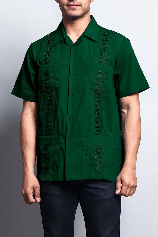 Denim Looks Men's Short Sleeve Cuban Style Guayabera Shirt (Dark Green)