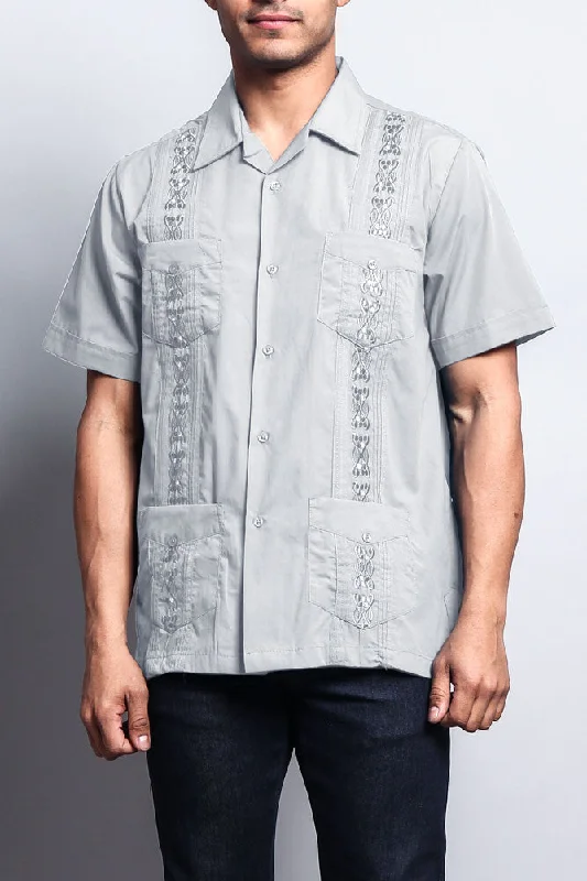 Easygoing Wardrobe Men's Short Sleeve Cuban Style Guayabera Shirt (Grey)