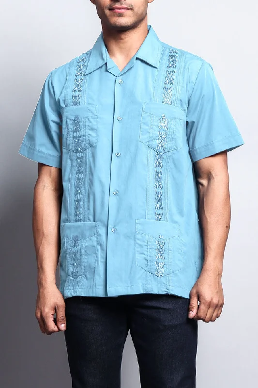 Minimalist Pieces Men's Short Sleeve Cuban Style Guayabera Shirt (Light Blue)