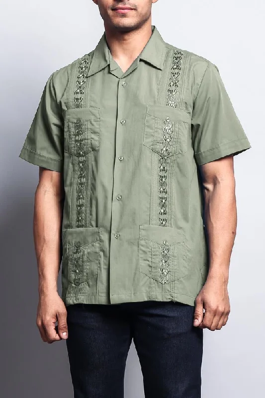 Fashion Jeans Men's Short Sleeve Cuban Style Guayabera Shirt (Light Olive)