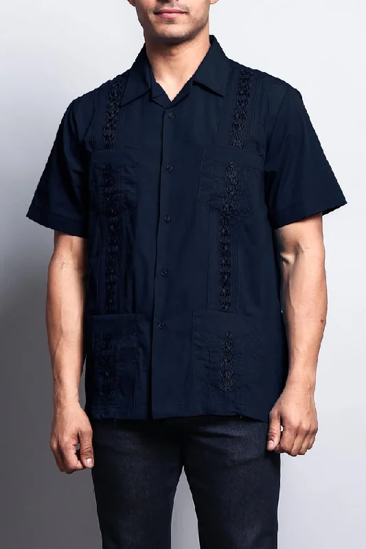 Practical Clothing Men's Short Sleeve Cuban Style Guayabera Shirt (Navy)