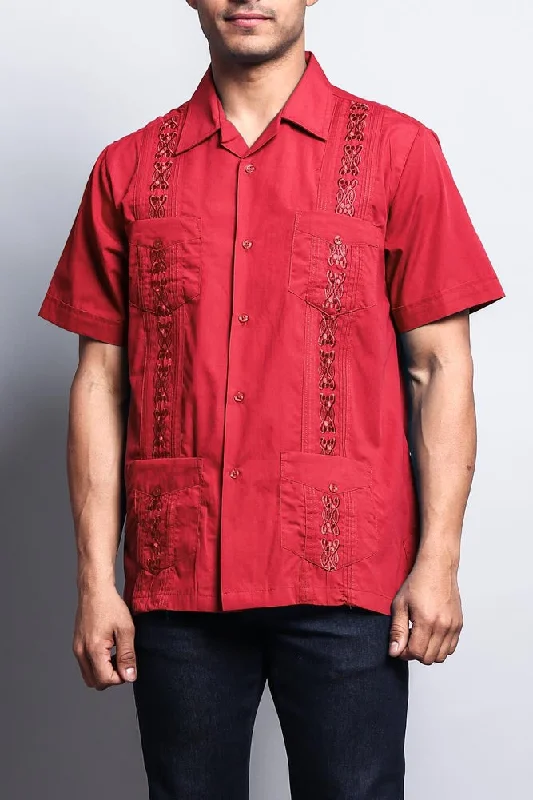 Casual Trousers Men's Short Sleeve Cuban Style Guayabera Shirt (Red)