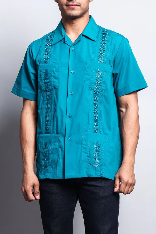 Casual Jackets Men's Short Sleeve Cuban Style Guayabera Shirt (Teal)
