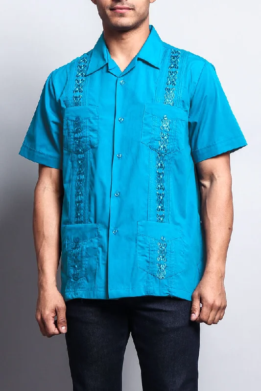 Casual Shoes Men's Short Sleeve Cuban Style Guayabera Shirt (Turquoise)